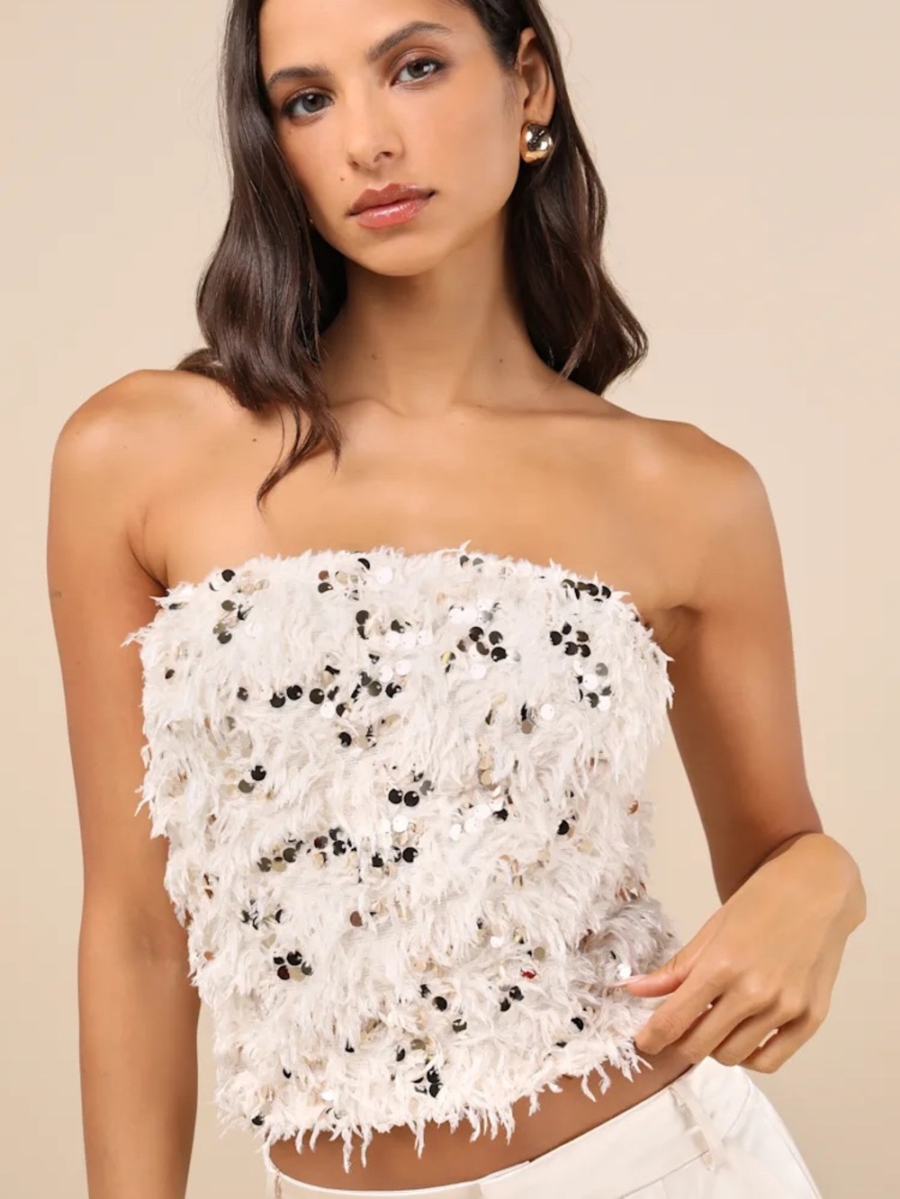 New Lulus Large Dazzling Sense Beige and Gold Sequin Fringe Strapless Crop Top